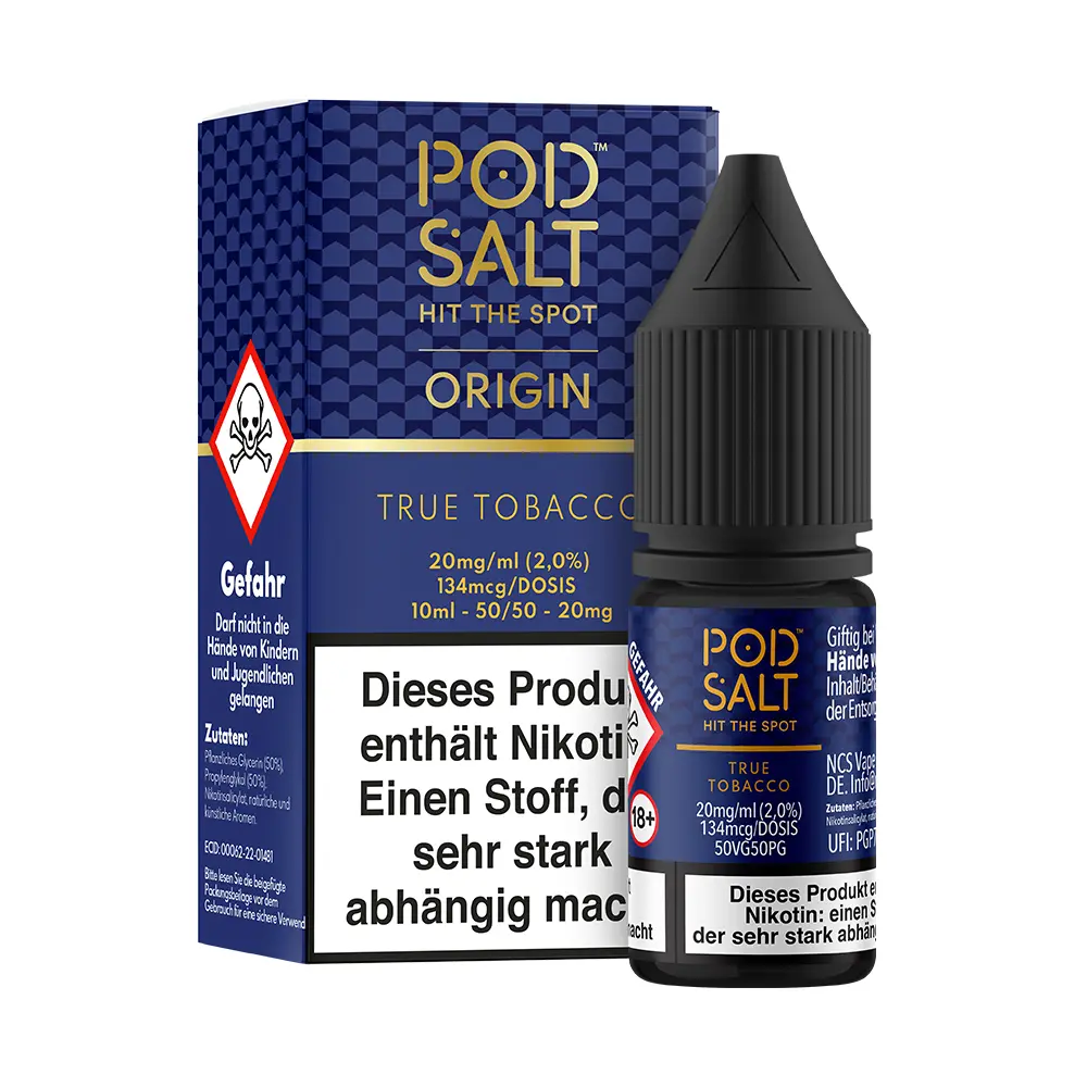 Pod Salt Origin Nikotinsalz - True Tobacco - 10ml Liquid 20mg STEUERWARE C